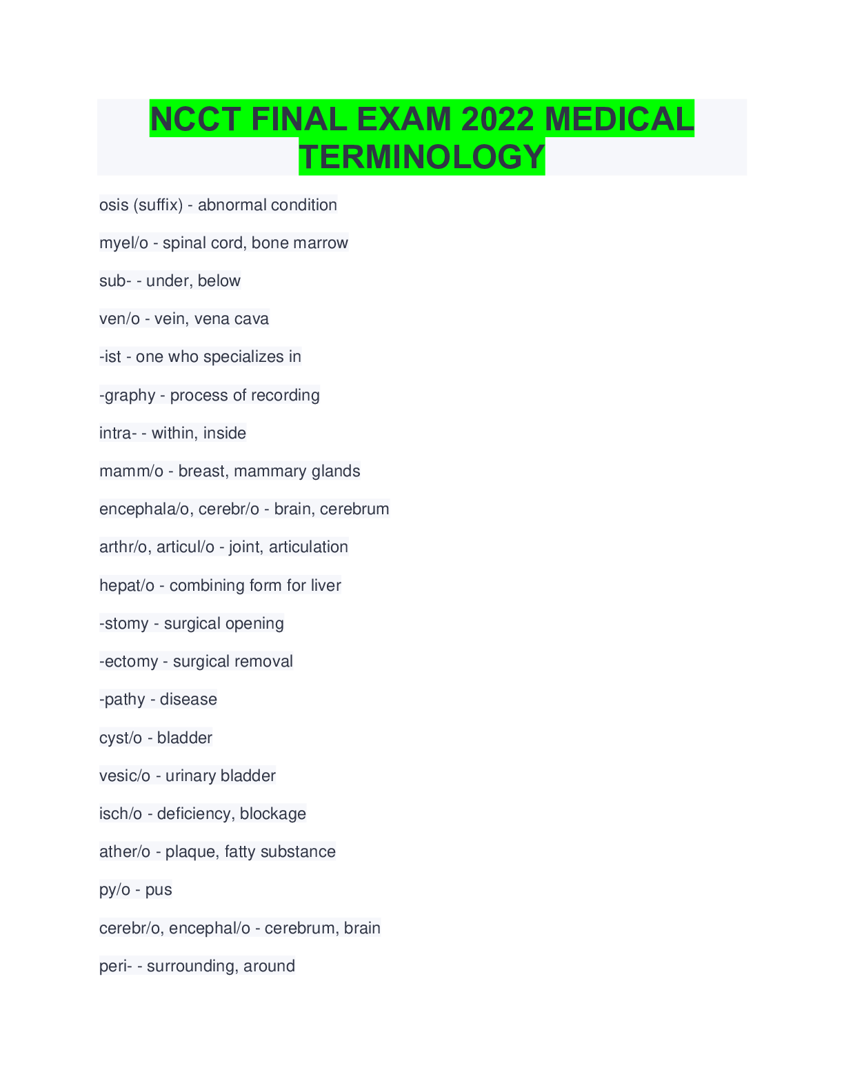 NCCT FINAL EXAM 2022 MEDICAL TERMINOLOGY Browsegrades
